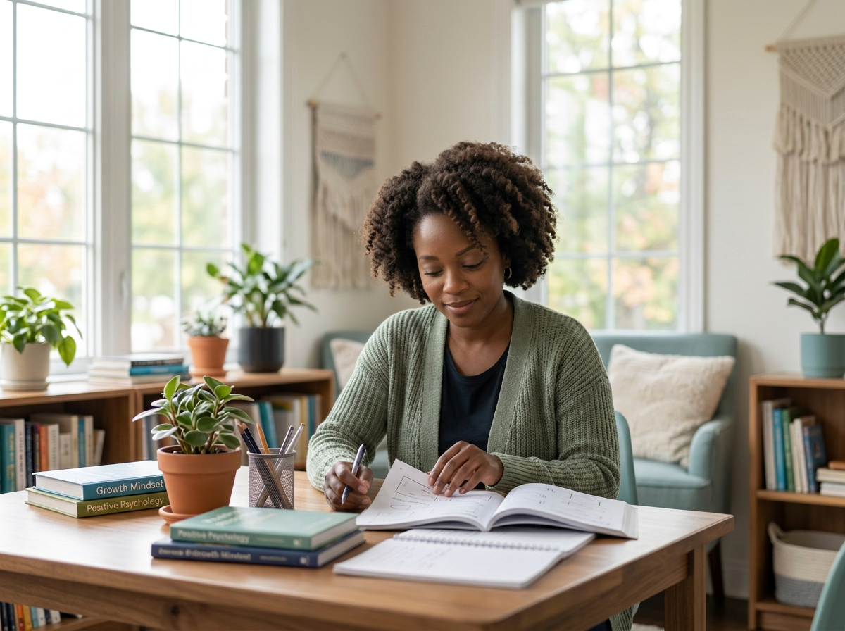 A Black behavioral health educator reviews learning materials at a classroom table.